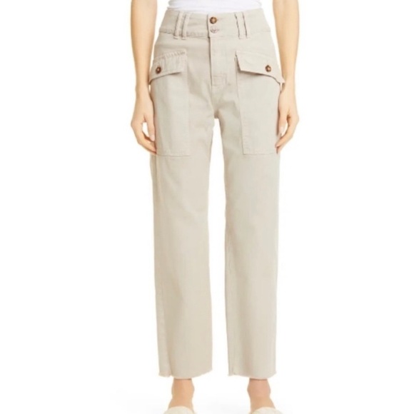 Veronica Beard Blake Straight Raw Hem Cotton Utility Pants Tan 26 - Picture 2 of 12